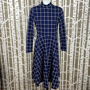 Navy & White Window Pane Plaid Stretch Fit & Flare Mock Neck Dress sz S